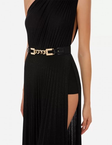 One-shoulder dress with lurex and chain Black