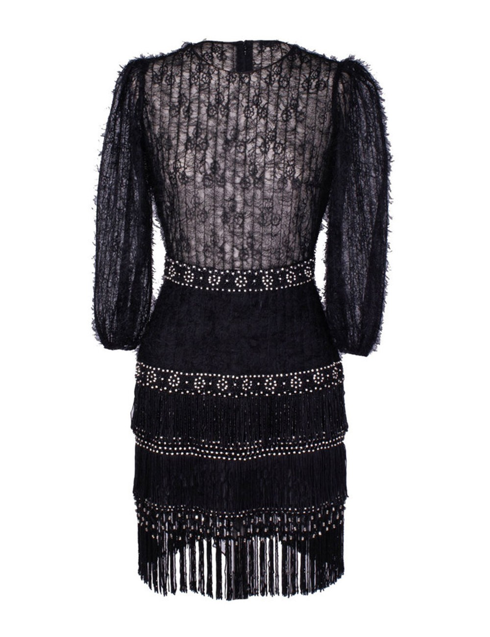Embroidered crossover dress with fringes Black