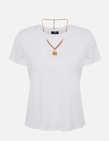 T-shirt girocollo con collana doppia catena Gesso