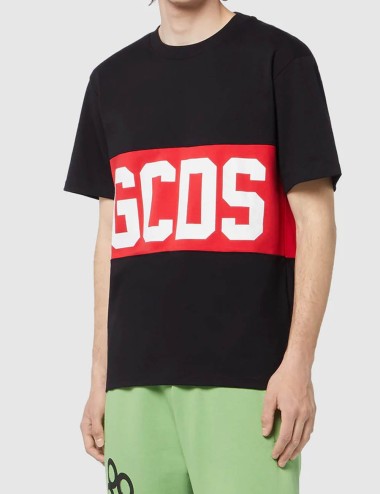 T-Shirt Regular con Banda Logo GCDS Nero