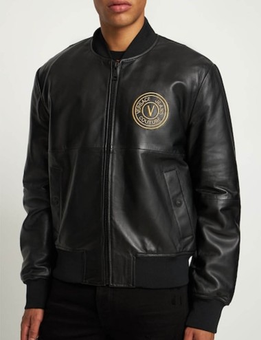 Bomber V-Emblem in pelle Nero