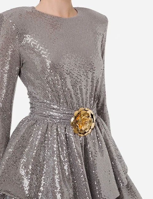 Mini abito full paillettes con fiore dorato Grigio Perla