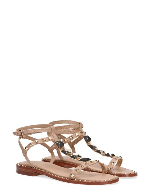 Sandalo Party Pelle Beige Borchie Oro