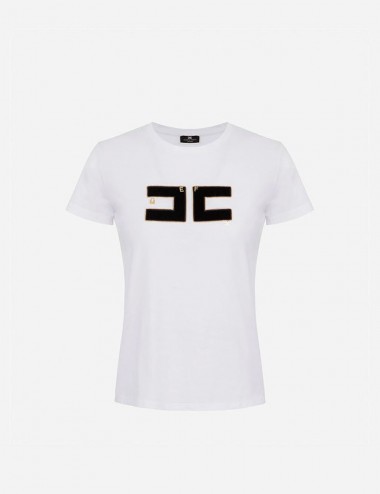 T-shirt in Cotone con Logo in Velluto Gesso/Nero