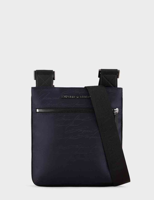 Borsa a tracolla piatta in nylon jacquard con logo esclusivo Blu Navy