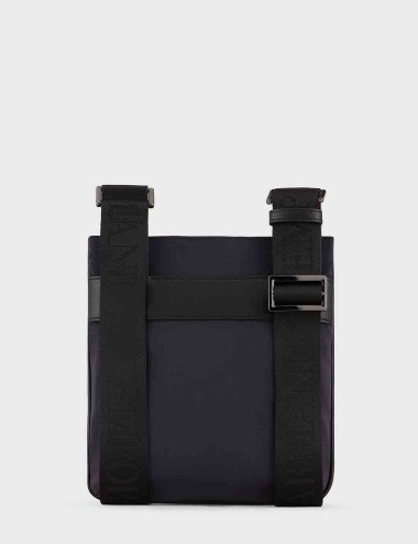 Borsa a tracolla piatta in nylon jacquard con logo esclusivo Blu Navy