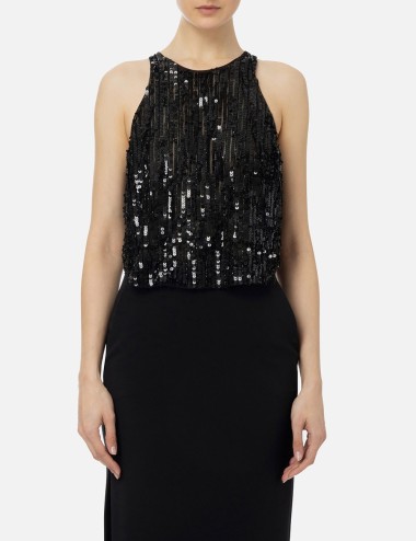 Top cropped in tulle con frange di perline e paillettes nero