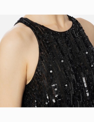 Top cropped in tulle con frange di perline e paillettes nero