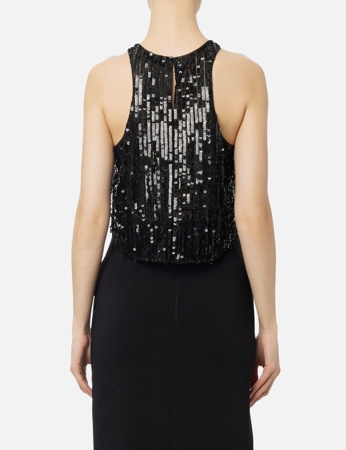 Top cropped in tulle con frange di perline e paillettes nero