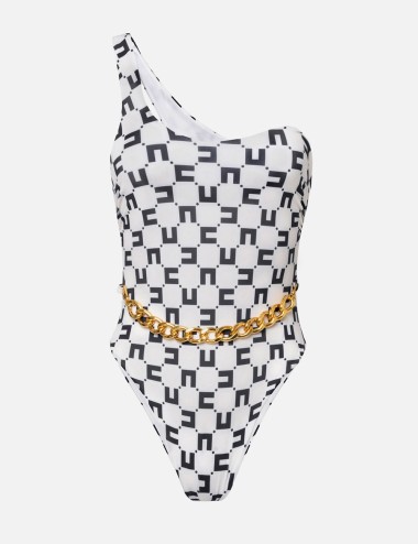 Costume intero monospalla in lycra con catena foulard burro nero