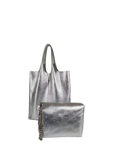 BORSA A SPALLA ENVELOPE SHOPPING IN PELLE MARTELLATA - ARGENTO