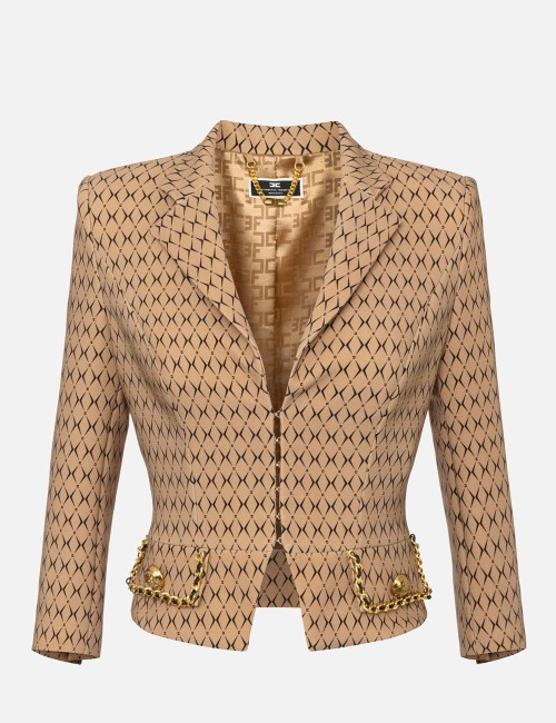 Cropped stretch crêpe jacket with diamond print and chain camel/balck