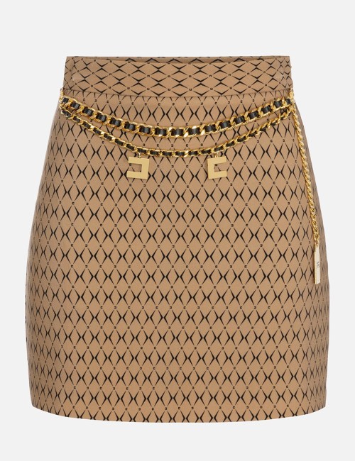 Crêpe miniskirt with diamond print and chain camel/black