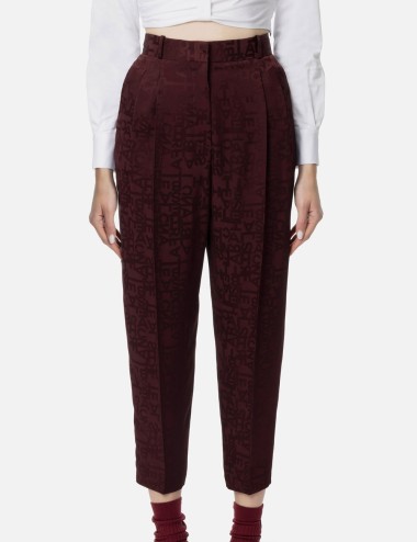 Straight trousers in jacquard crêpe fabric with lettering rouge noir