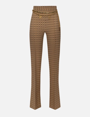 Pantalone a palazzo in crêpe stampa rombo con catena camel nero