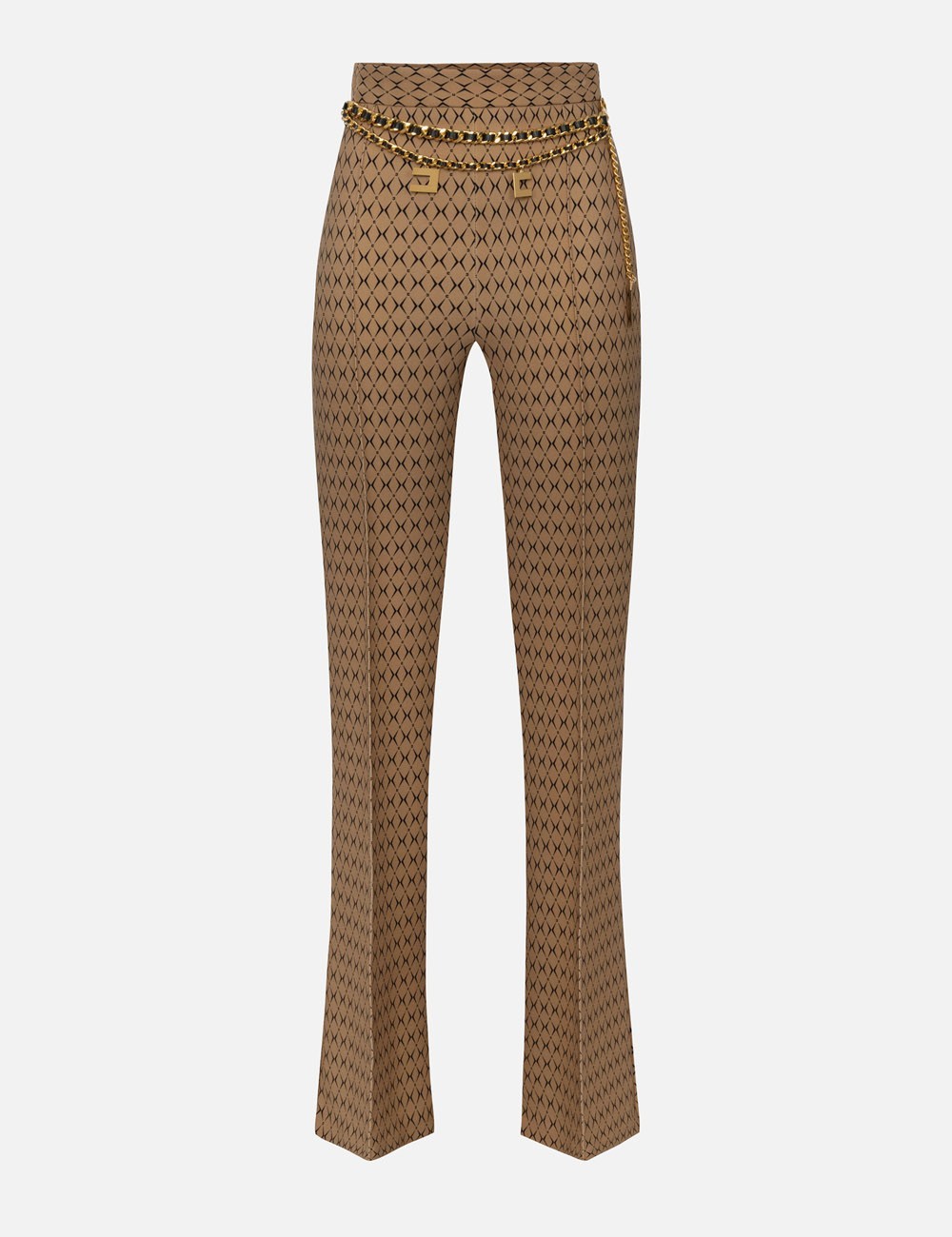 Crêpe palazzo trousers with diamond print and chain camel black