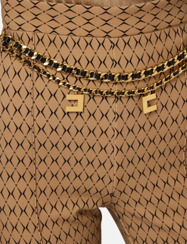 Crêpe palazzo trousers with diamond print and chain camel black