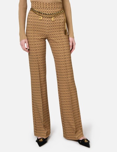 Pantalone a palazzo in crêpe stampa rombo con catena camel nero