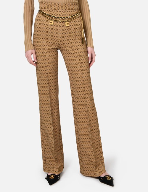 Pantalone a palazzo in crêpe stampa rombo con catena camel nero