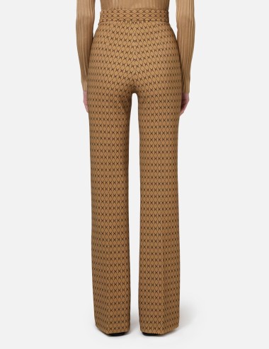 Pantalone a palazzo in crêpe stampa rombo con catena camel nero