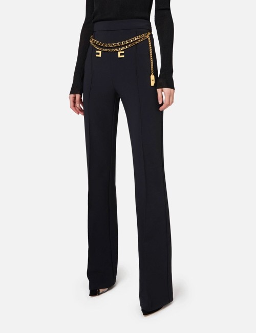 Palazzo trousers in stretch crêpe fabric with belt black