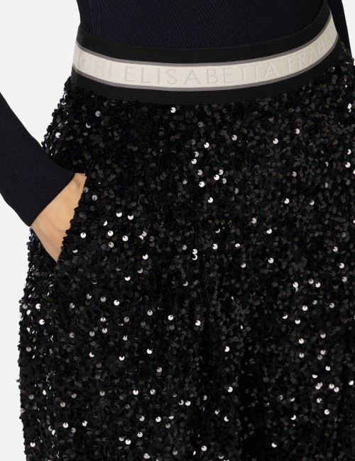 Sequin-embroidered chenille trousers black