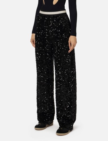Pantalone in ciniglia ricamata con paillettes nero