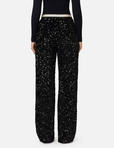 Sequin-embroidered chenille trousers black