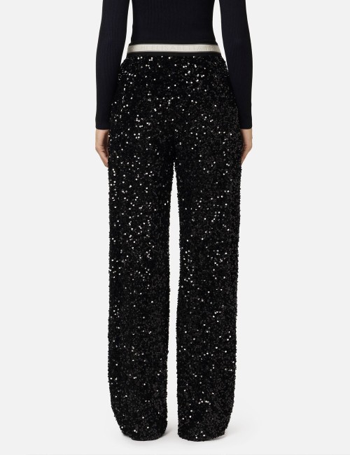 Sequin-embroidered chenille trousers black