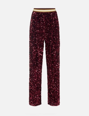 Pantalone in ciniglia ricamata con paillettes rouge noir