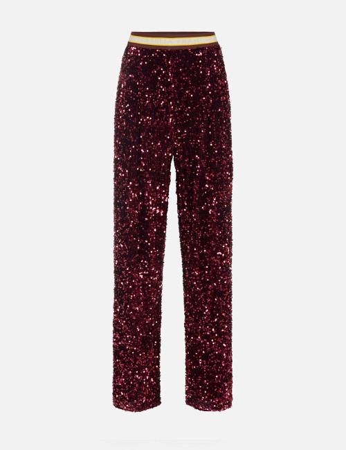 Pantalone in ciniglia ricamata con paillettes rouge noir