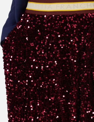 Pantalone in ciniglia ricamata con paillettes rouge noir