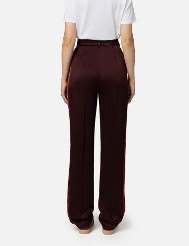 Pantalone dritto in satin con bande in raso rouge noir