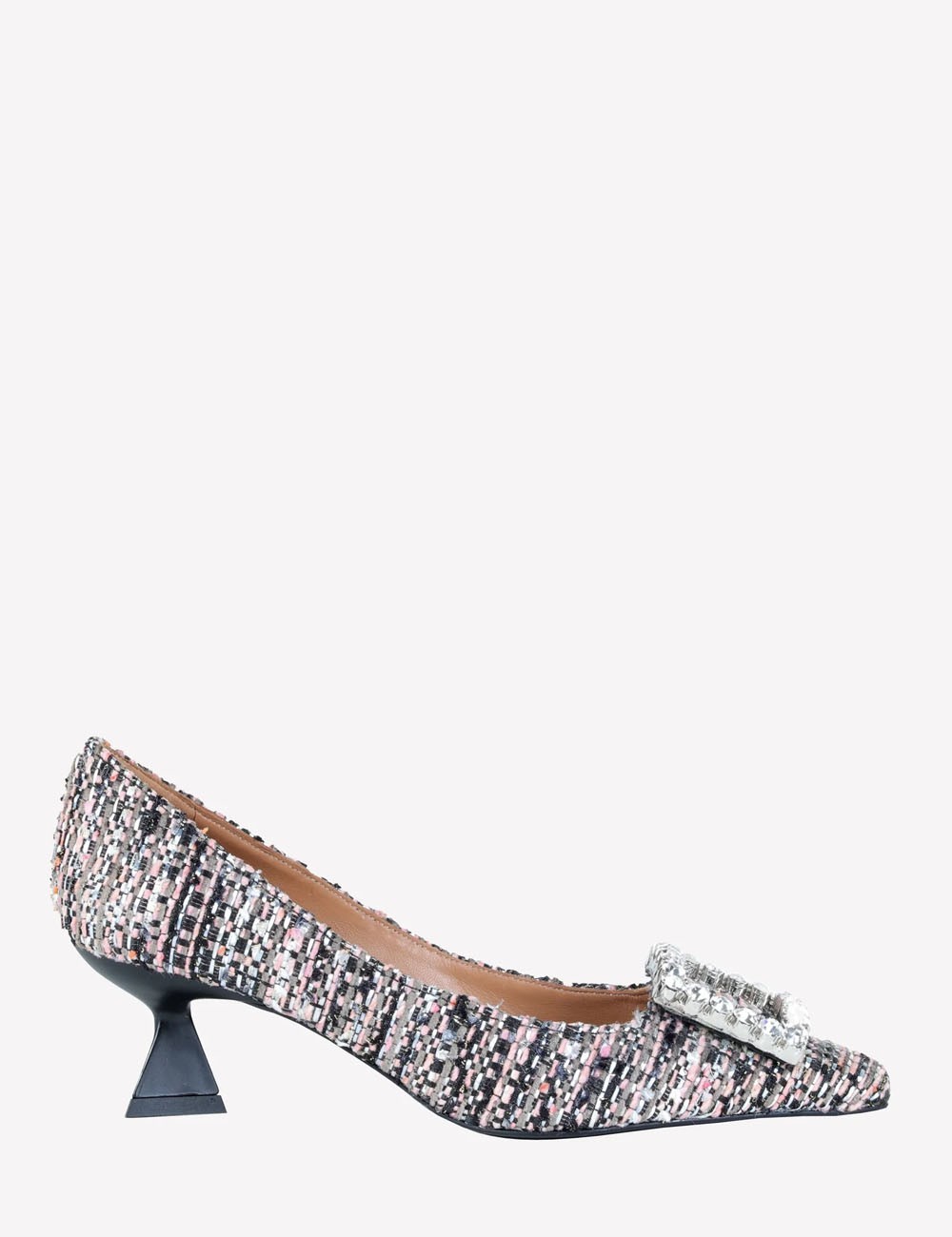 DECOLLETE’ IN TESSUTO MULTICOLORE CON FIBBIA QUADRA STRASS EVILLY