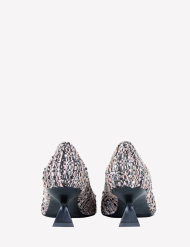 DECOLLETE’ IN TESSUTO MULTICOLORE CON FIBBIA QUADRA STRASS EVILLY