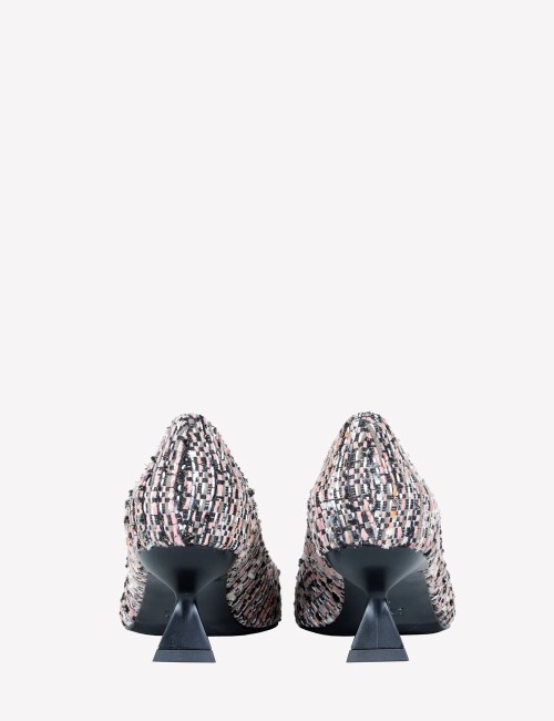 DECOLLETE’ IN TESSUTO MULTICOLORE CON FIBBIA QUADRA STRASS EVILLY