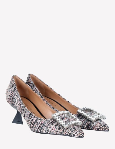 DECOLLETE’ IN TESSUTO MULTICOLORE CON FIBBIA QUADRA STRASS EVILLY