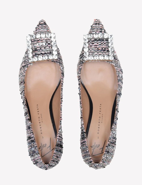 DECOLLETE’ IN TESSUTO MULTICOLORE CON FIBBIA QUADRA STRASS EVILLY