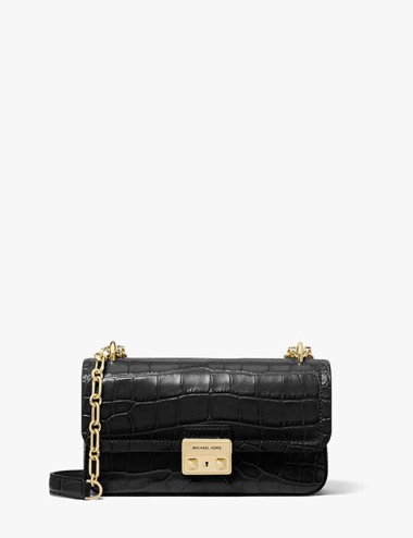 Borsa a tracolla Tribeca Small in pelle goffrata coccodrillo nera