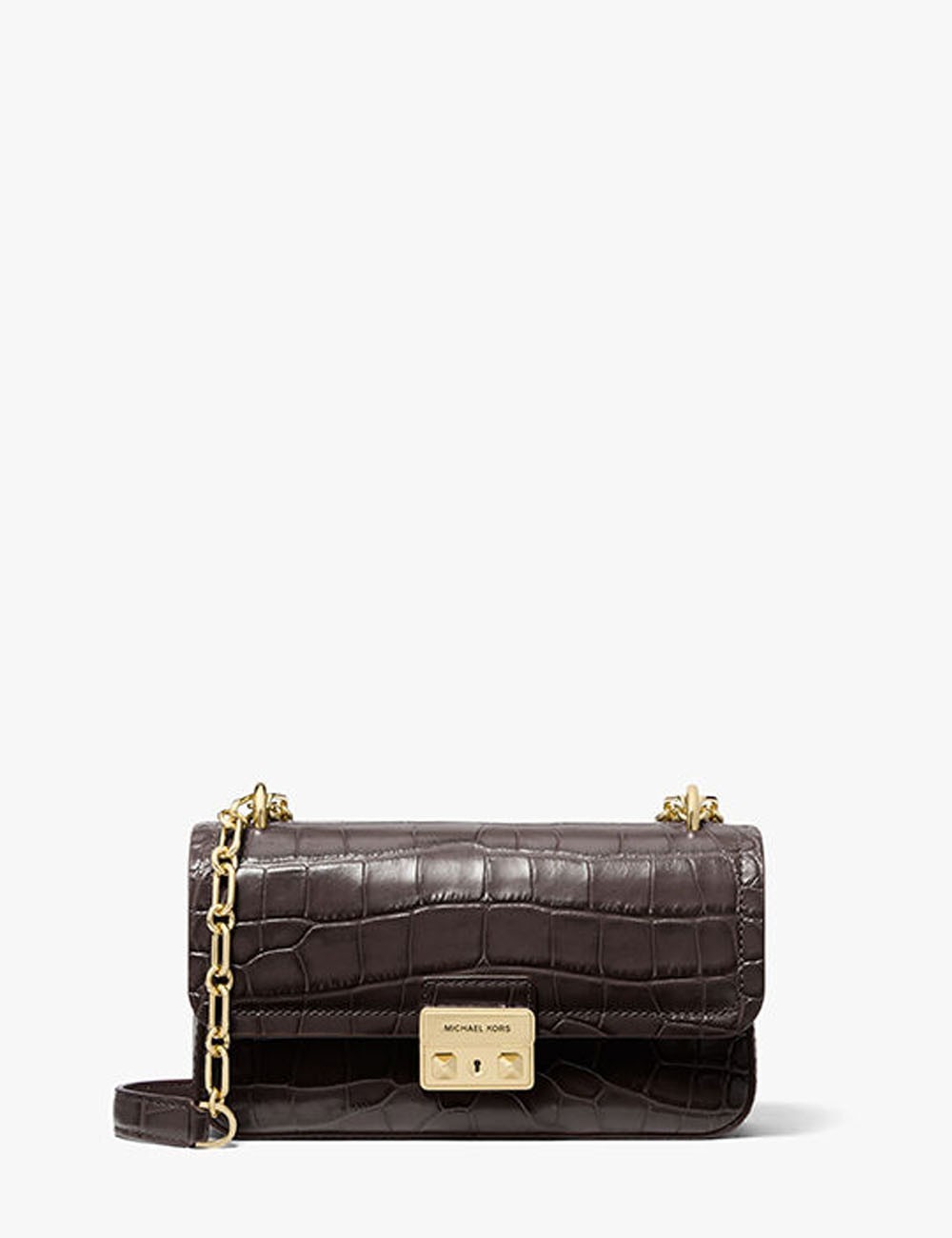 Borsa a tracolla Tribeca Small in pelle goffrata coccodrillo marrone