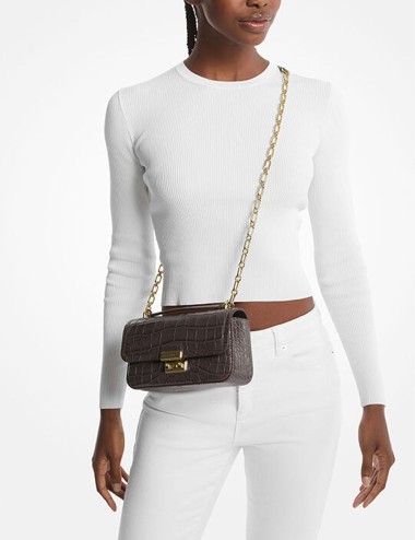 Borsa a tracolla Tribeca Small in pelle goffrata coccodrillo marrone