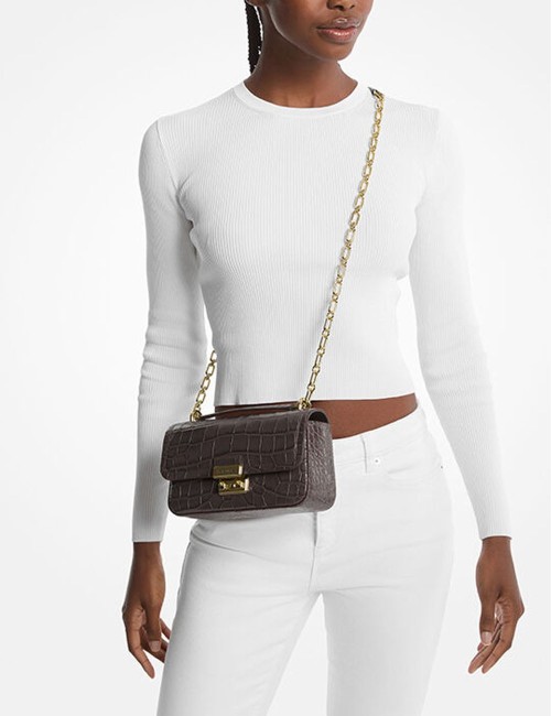 Borsa a tracolla Tribeca Small in pelle goffrata coccodrillo marrone