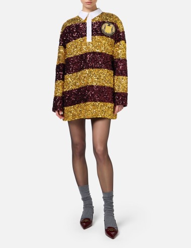 Striped sequin mini-dress with shirt collar Mimosa/Rouge noir