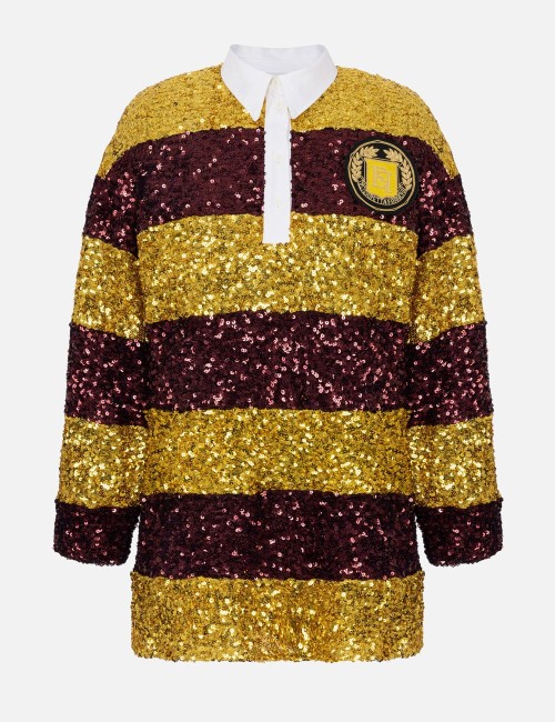 Striped sequin mini-dress with shirt collar Mimosa/Rouge noir