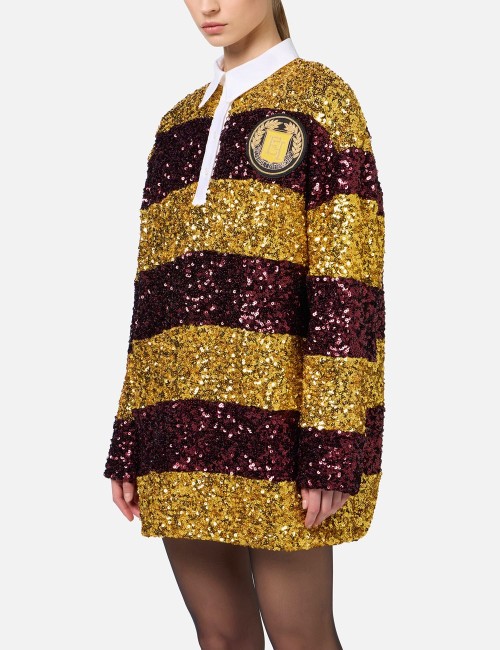 Miniabito in paillettes a righe con colletto a camicia Mimosa/Rouge noir