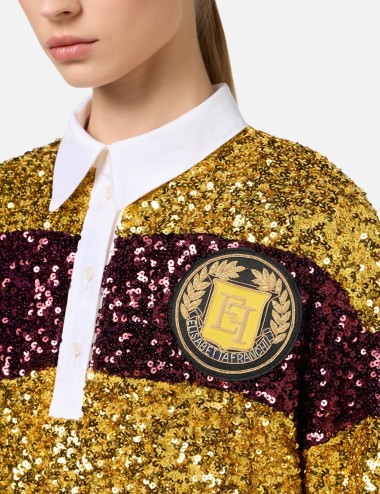 Striped sequin mini-dress with shirt collar Mimosa/Rouge noir