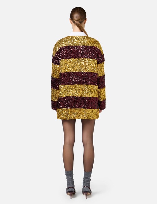 Striped sequin mini-dress with shirt collar Mimosa/Rouge noir