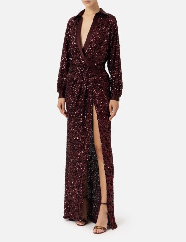 Abito red carpet in paillettes con inserti in raso rouge noir
