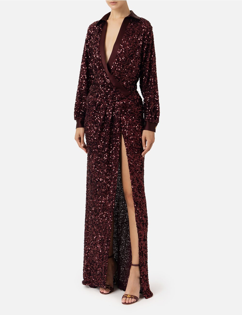 Abito red carpet in paillettes con inserti in raso rouge noir