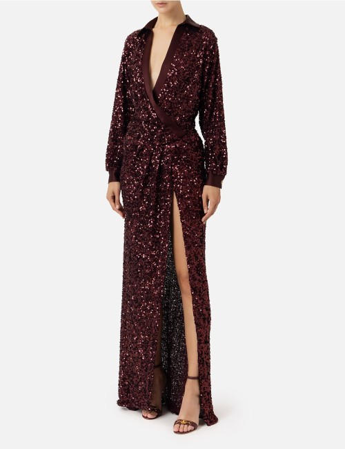 Abito red carpet in paillettes con inserti in raso rouge noir